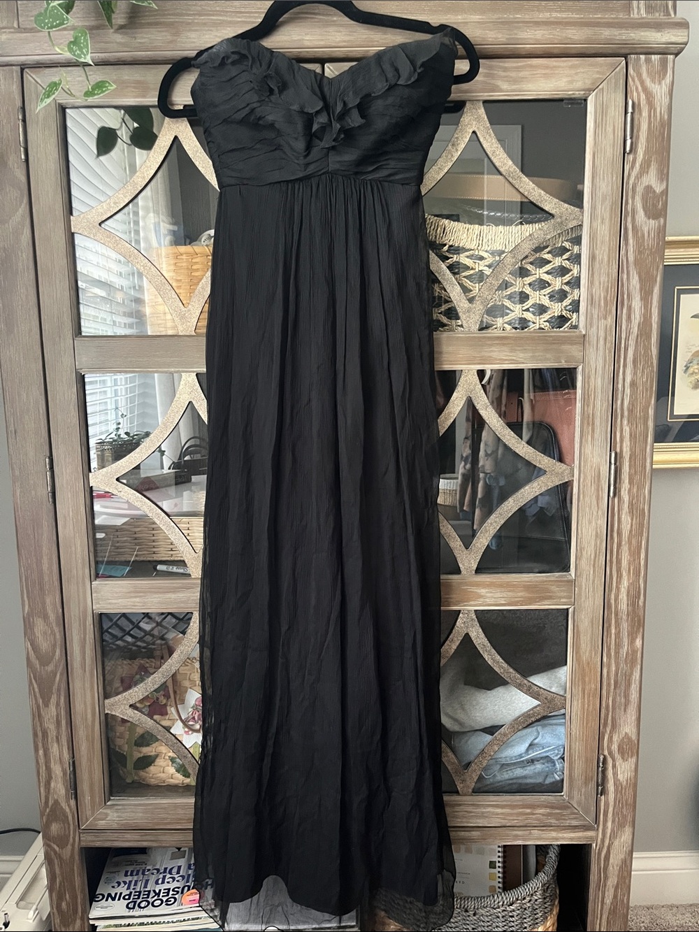 Amsale 100% Silk Black Strapless Ruched Bodice Evening Gown